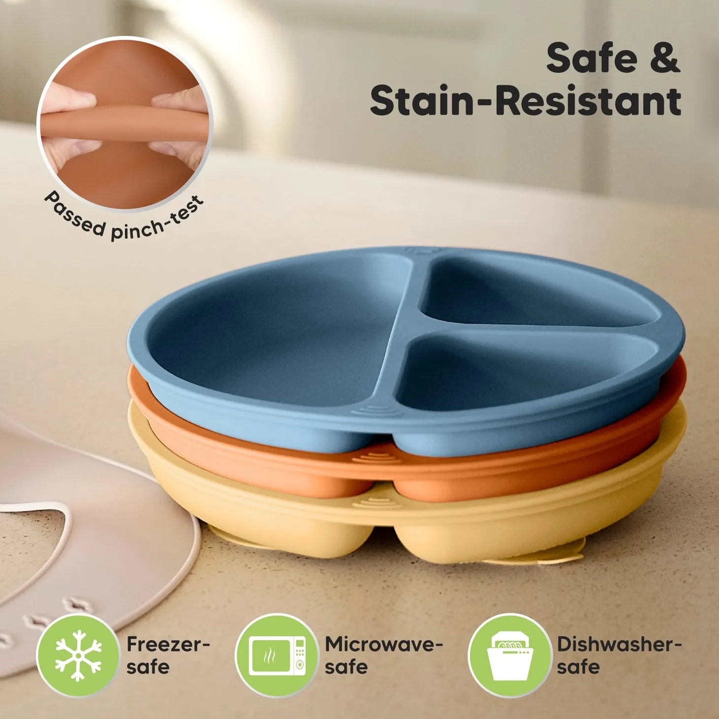 3-Pack Prep Suction Plates for Baby, BPA-Free Silicone Plate