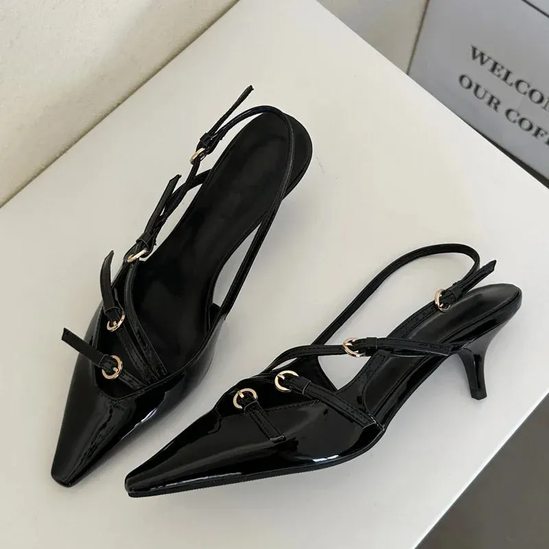 Amozae- Designer Narrow Band Buckle Strap Pumps Women Sexy Pointed Toe Thin Heels Wedding Banquet Dress Mule Ladies Shoes