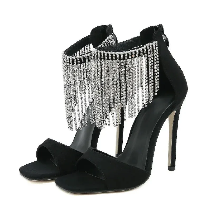 Amozae-Summer Crystal Fringe Peep Toe Woman Sandals Fashion Design Zipper Thin High Heels Banquet Stripper Shoes