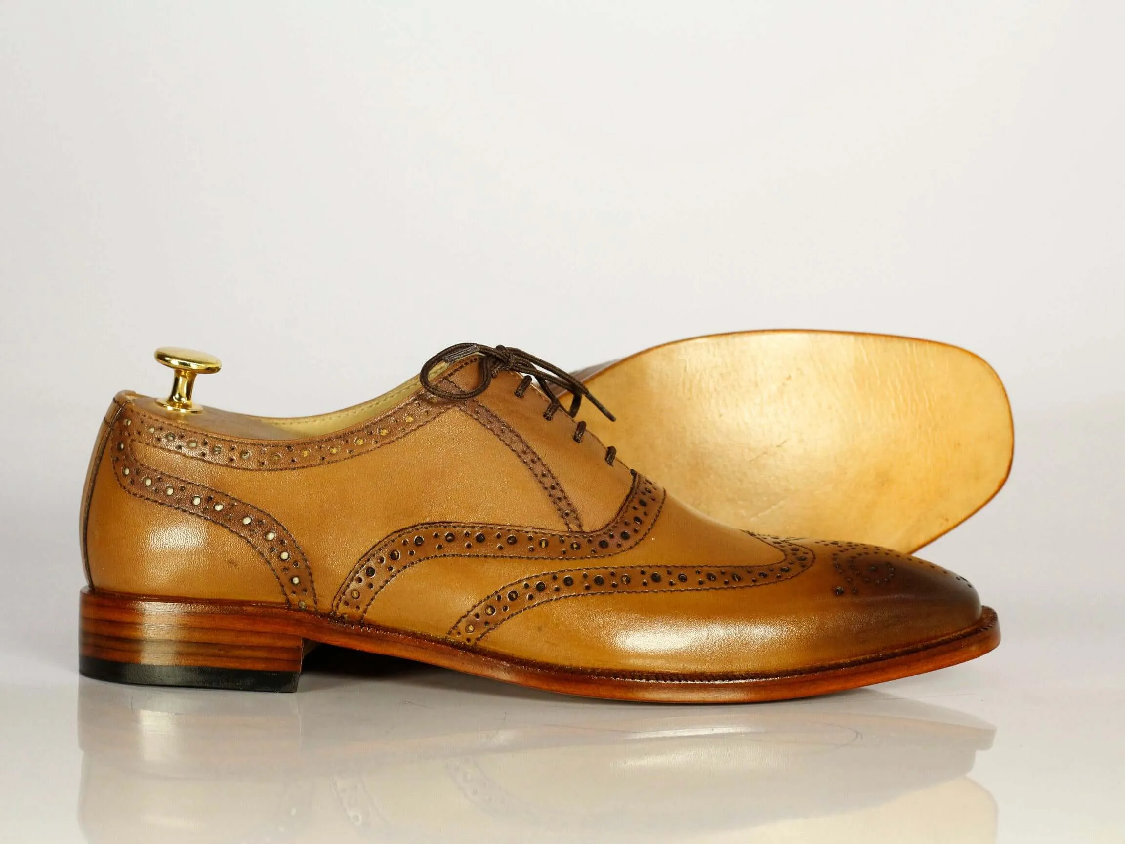 Bespoke Brown Wing Tip Shoes, Men's Dress Formal Luxury Leather Shoes