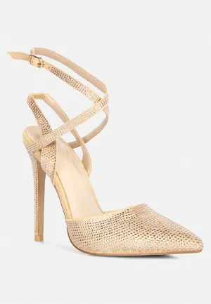 CHARMER Rhinestone Embellished Stiletto Sandals in Champagne