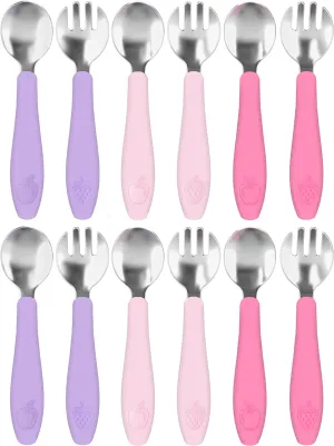 CHILLOUT LIFE Toddler Utensils Set, Kids Silverware with Silicone Handle, Stainless Steel Metal Toddler Forks and Spoons Safe Baby Cutlery for Self Feeding- 12 Pieces