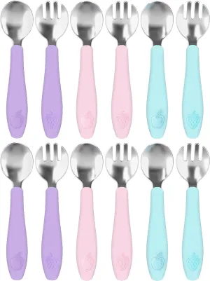 CHILLOUT LIFE Toddler Utensils Set, Kids Silverware with Silicone Handle, Stainless Steel Metal Toddler Forks and Spoons Safe Baby Cutlery for Self Feeding - 12 Pieces