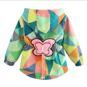 Girls Bright Multi-Colour Rain Jacket with Butterfly Detail, Color - Green