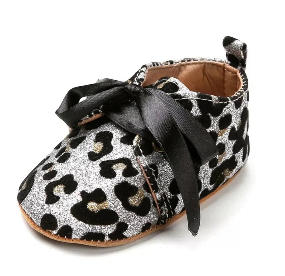 Glitterati- Silver Leopard Glitter Baby Shoes - First Walker Vegan Leaher with Velcro Straps