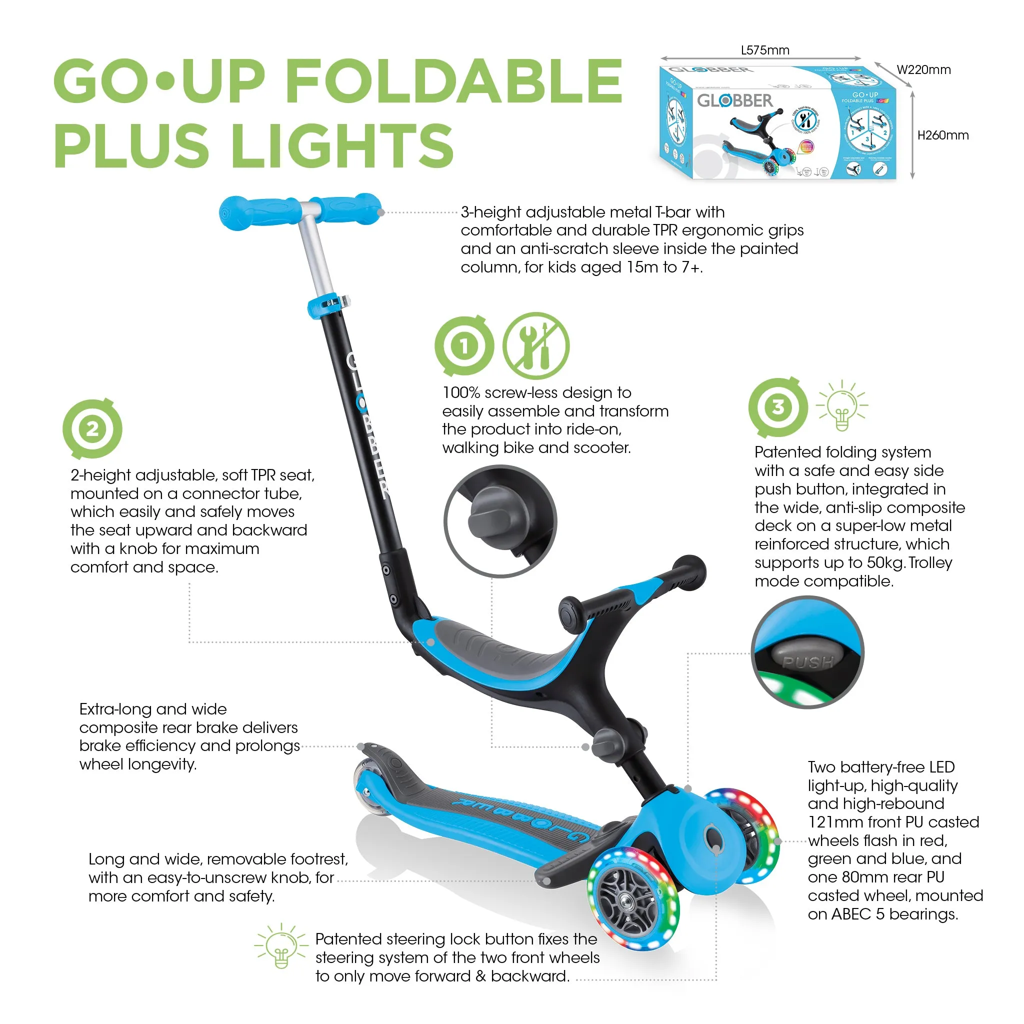 Globber Go Up Foldable Plus Lights Scooter - Mint (15m – 7y)