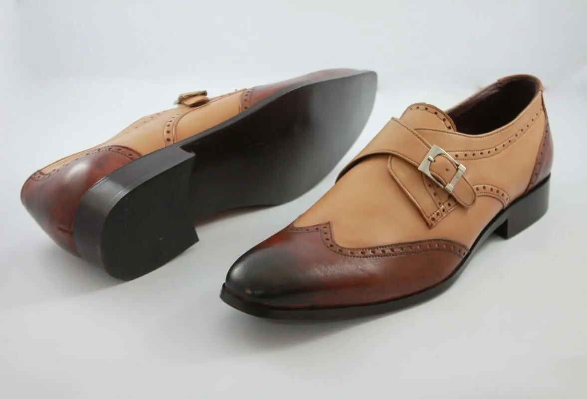 HAND MADE TWO COLOR MONK STYLE SHOES TAN BROWN, DRESS FORMAL SHOES MEN's BOOT