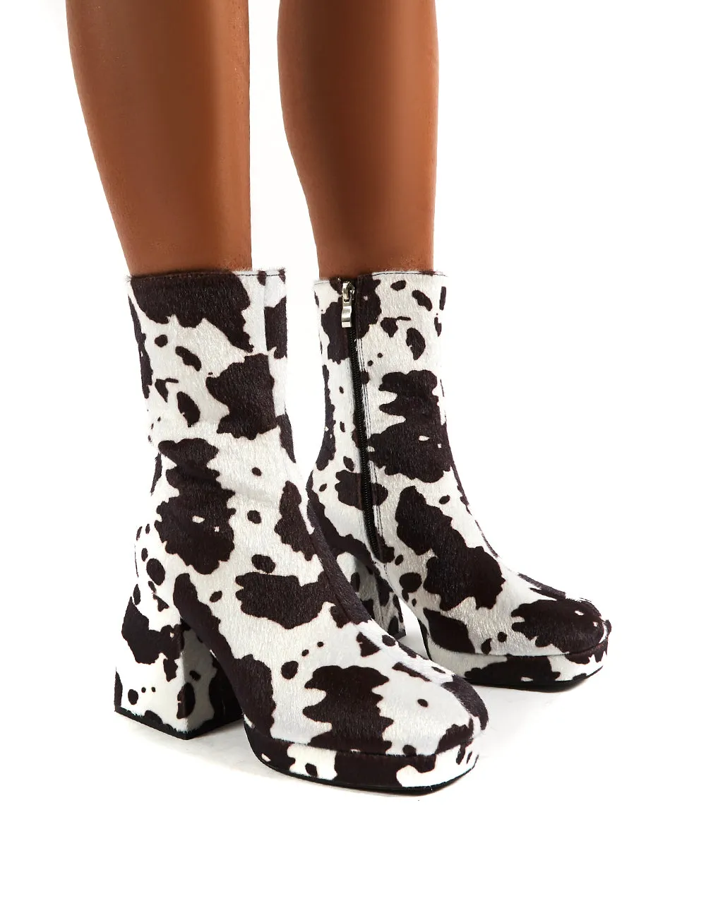 Imagine Cow Print Multi Chunky Heel Ankle Boots