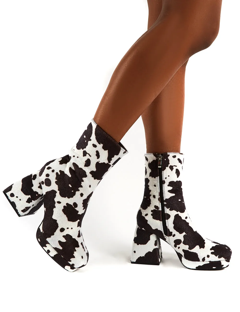 Imagine Cow Print Multi Chunky Heel Ankle Boots