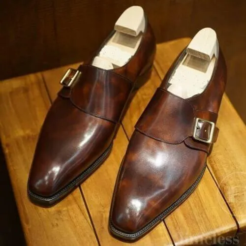 Men Burnished Brown Shoes, Monk Strap Shoes Men, Leather Formal Shoes