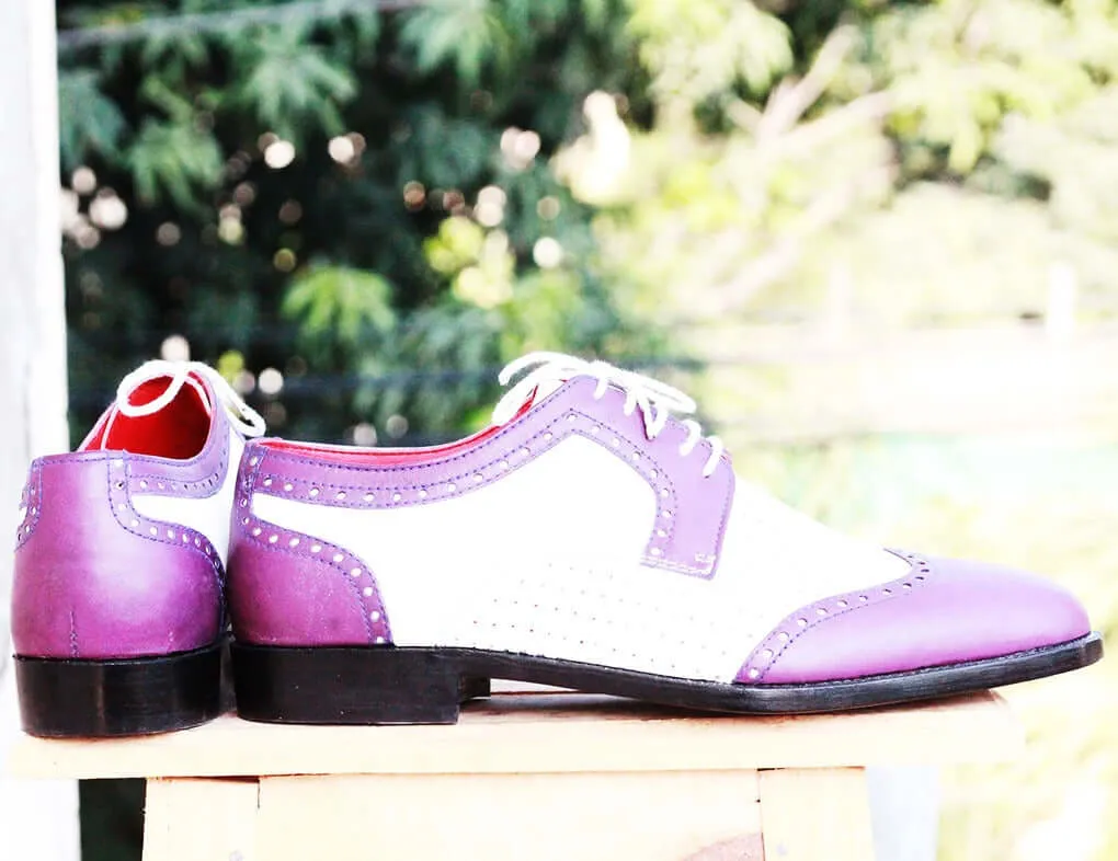 Men's Handmade Purple White Leather formal shoes, Men's Wing Tip Lace Up Shoes