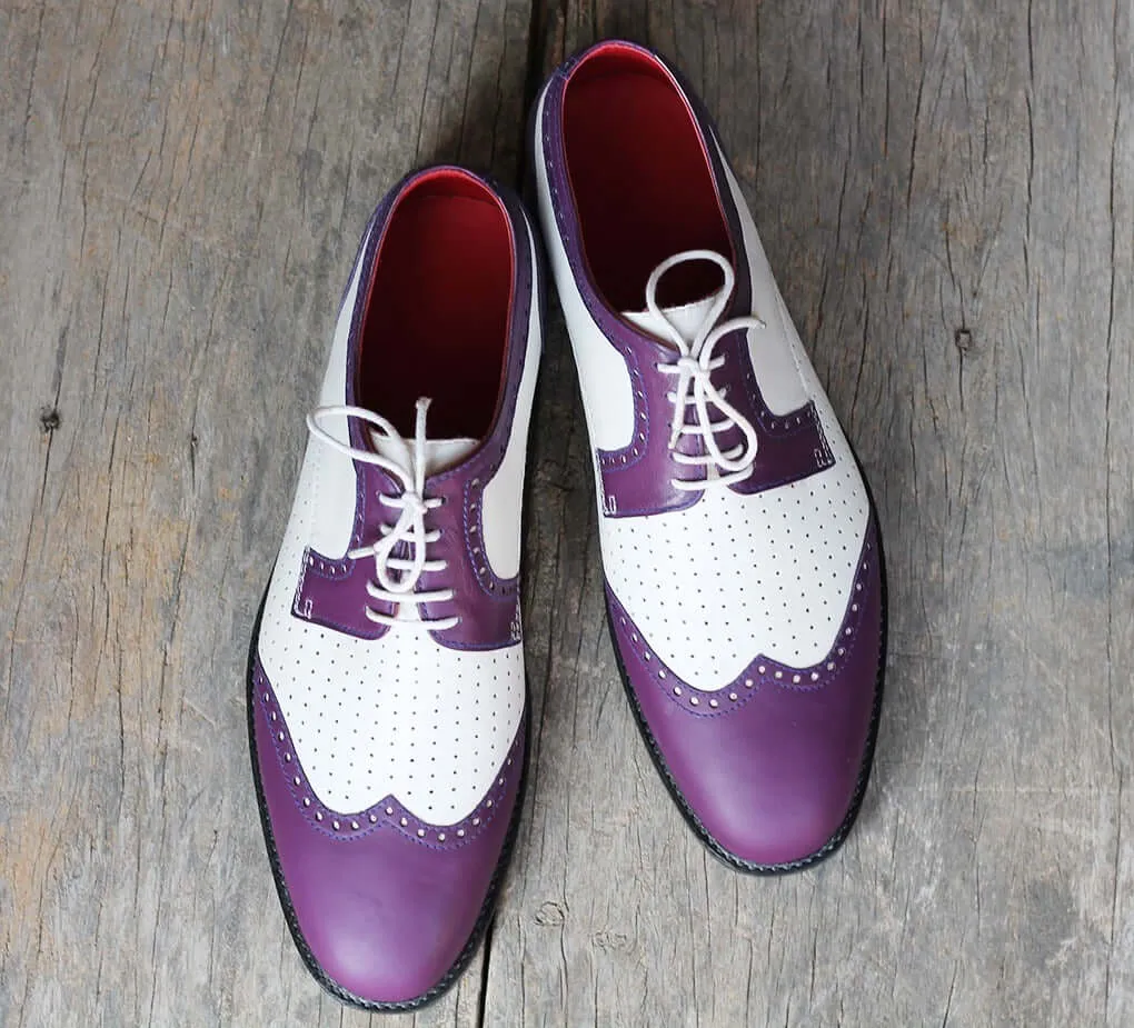 Men's Handmade Purple White Leather formal shoes, Men's Wing Tip Lace Up Shoes