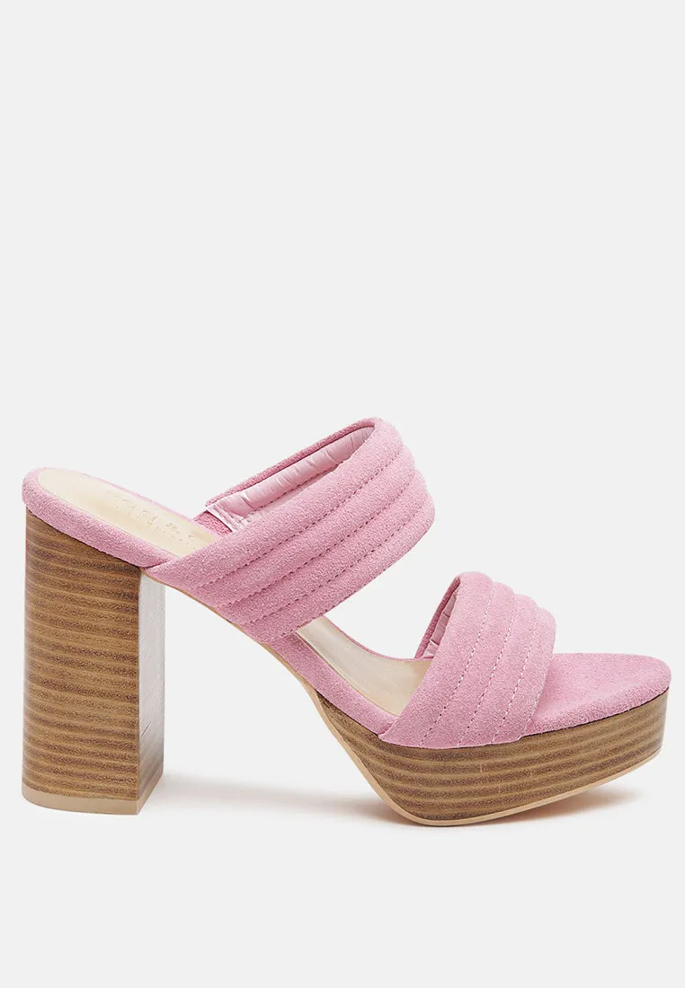 MILLE-FEUX Suede Slip-On Block Heeled Sandal In Pink