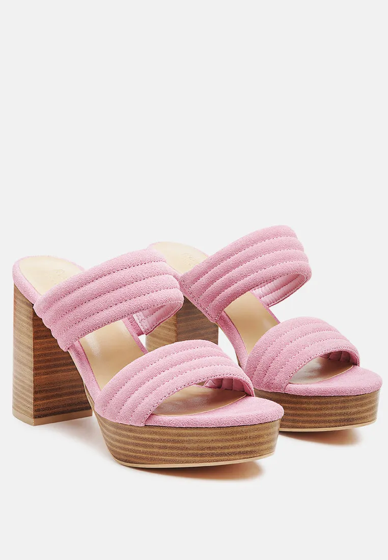 MILLE-FEUX Suede Slip-On Block Heeled Sandal In Pink