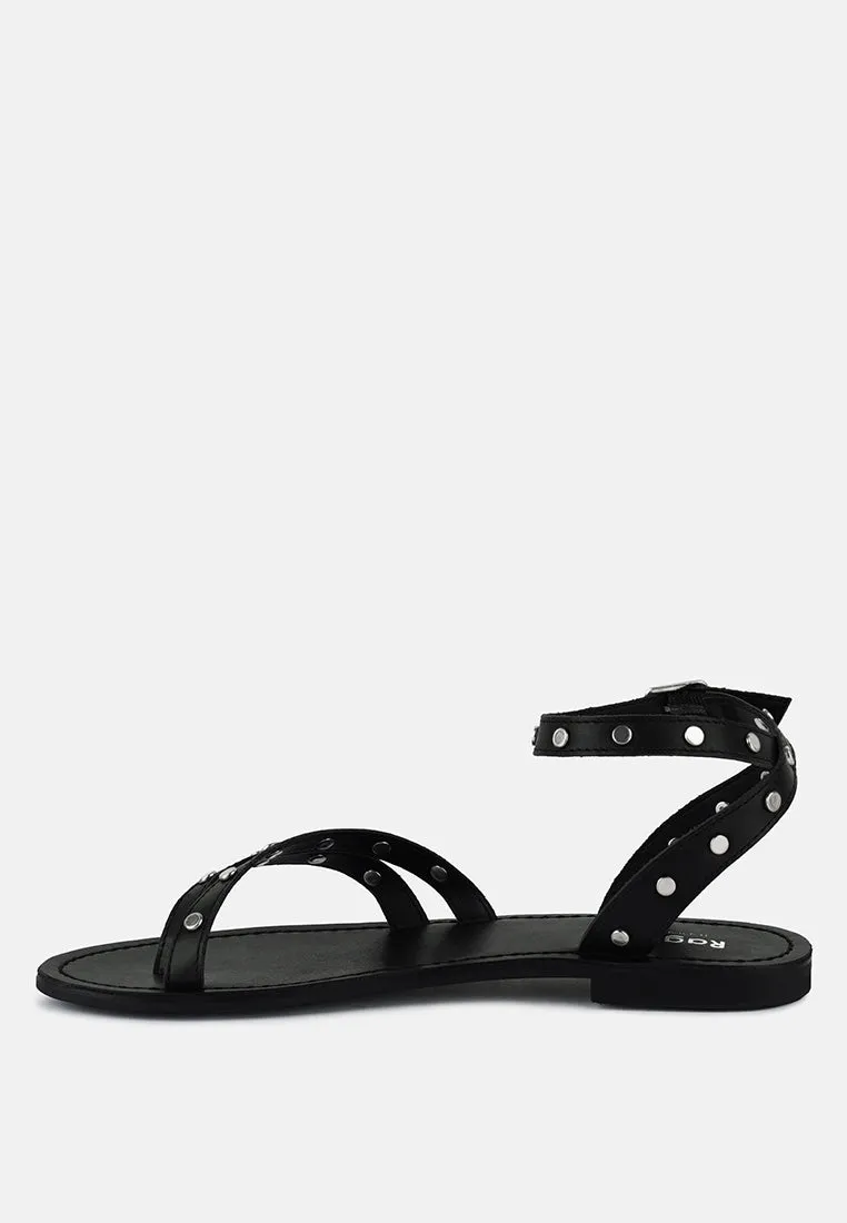 OPRAH Studs Embellished Flat Sandals in Black