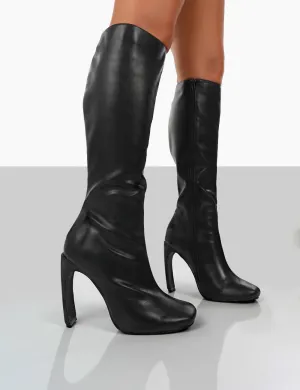 Peppa Black Pu Block Heel Knee High Boots