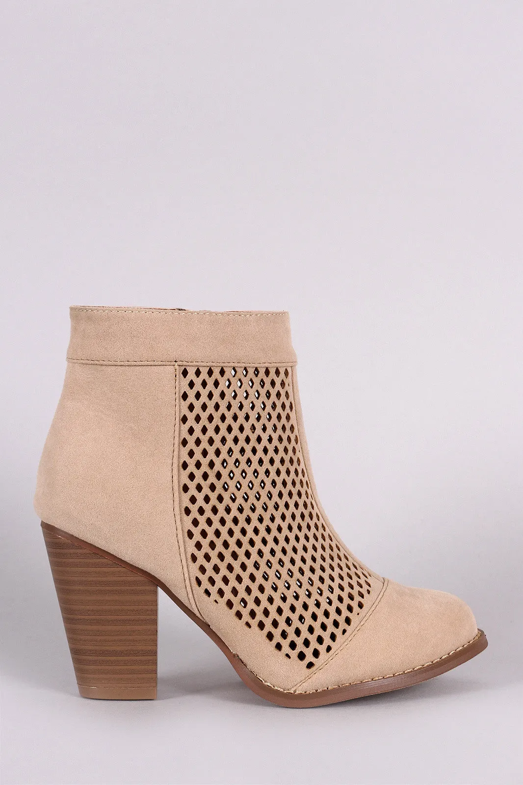 Perforated Suede Chunky Heeled Booties