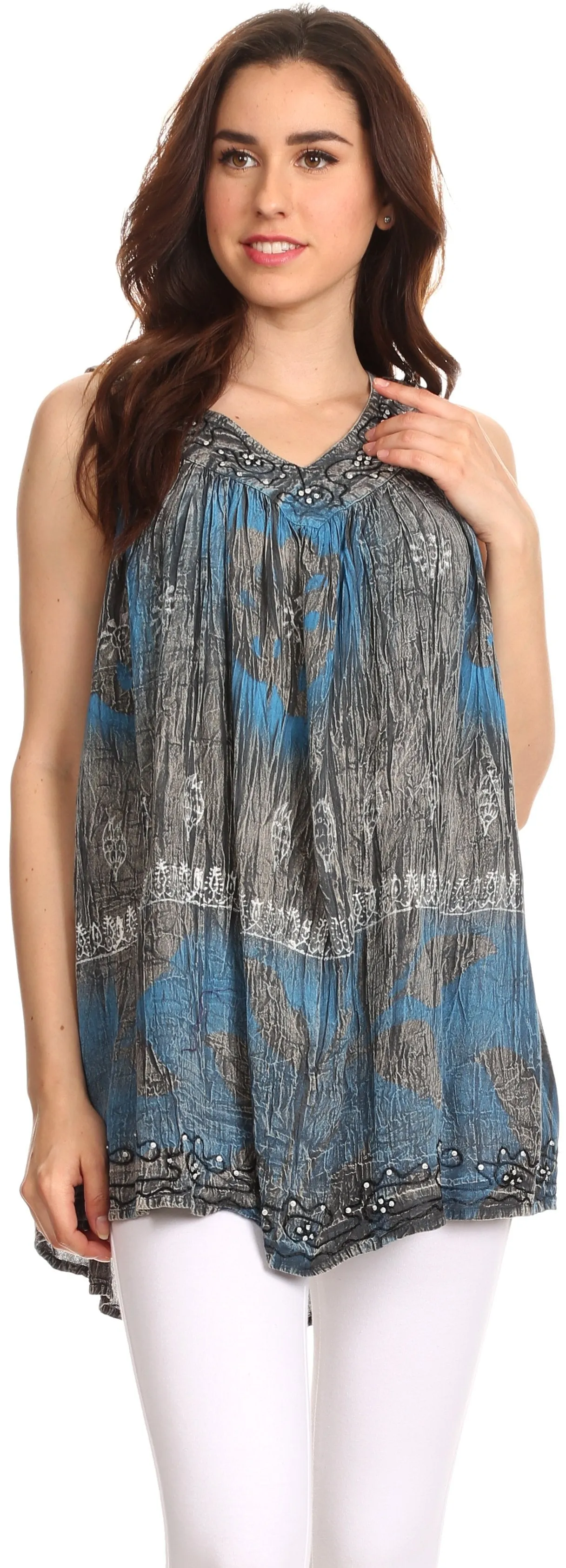 Sakkas Goregianna Long Embroidered Sequin Printed Batik Beaded Tank Top Blouse Top