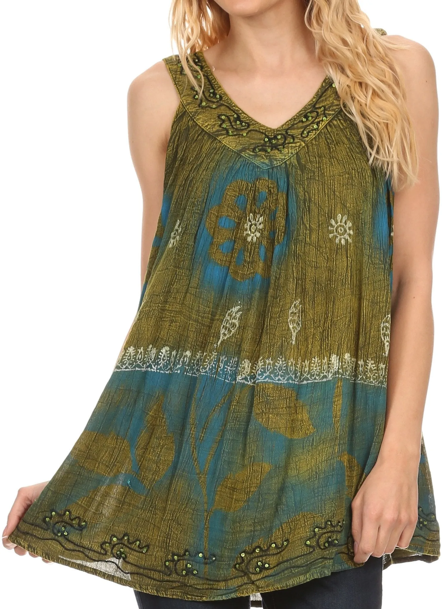 Sakkas Goregianna Long Embroidered Sequin Printed Batik Beaded Tank Top Blouse Top