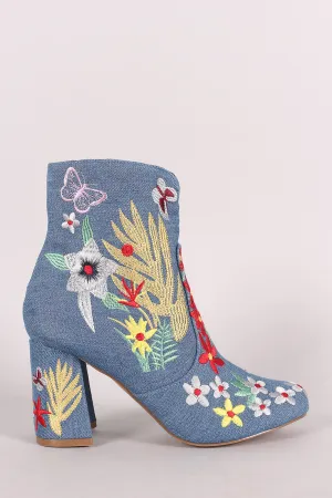 Shoe Republic LA Denim Embroidery Floral Chunky Heeled Booties