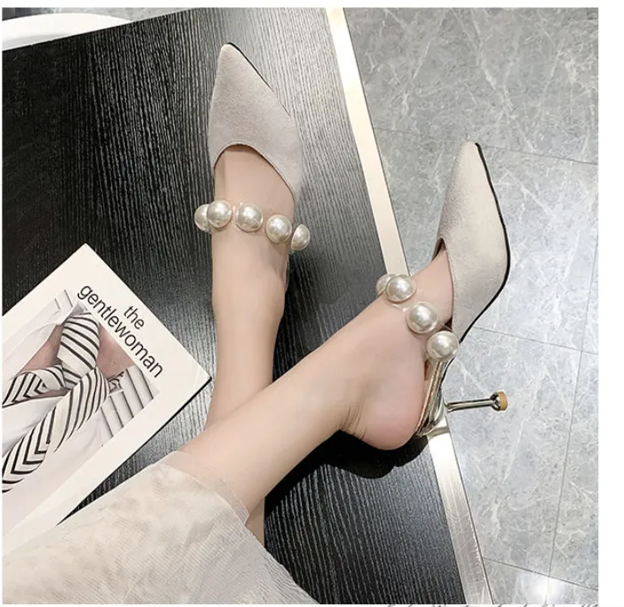 String Bead Pointed Design Thin Heels PU Slide Comfy Sandals For Women