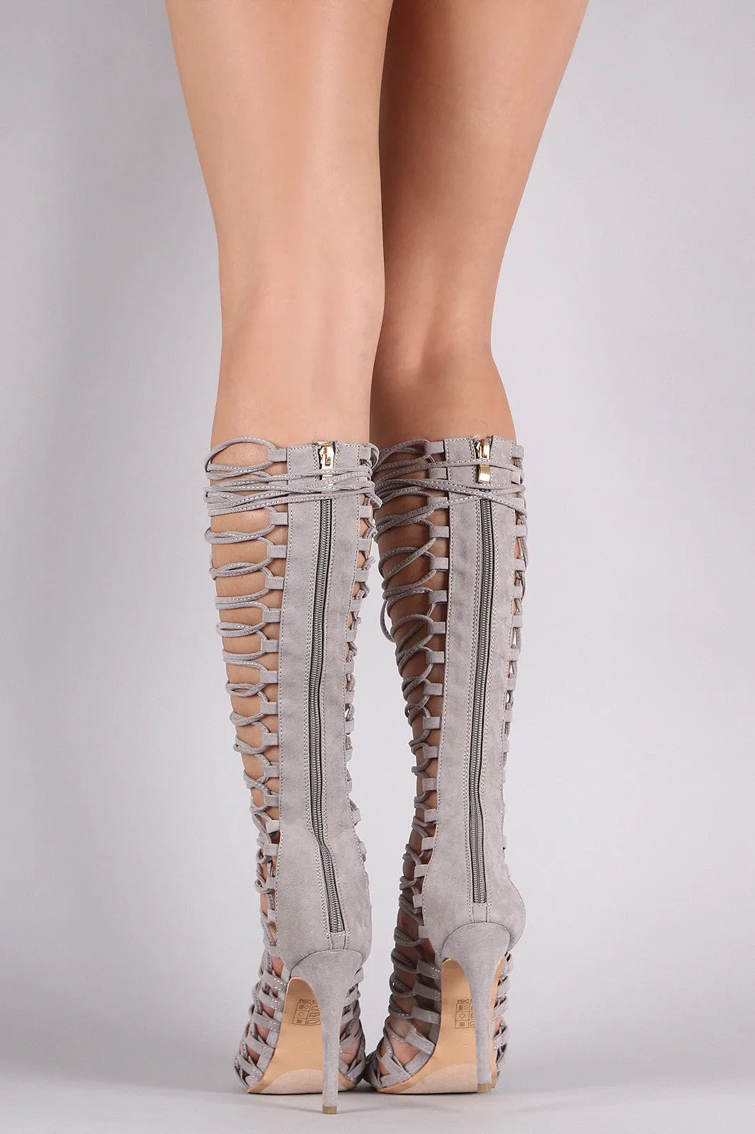 Suede Open Toe Corset Lace Up Gladiator Heel