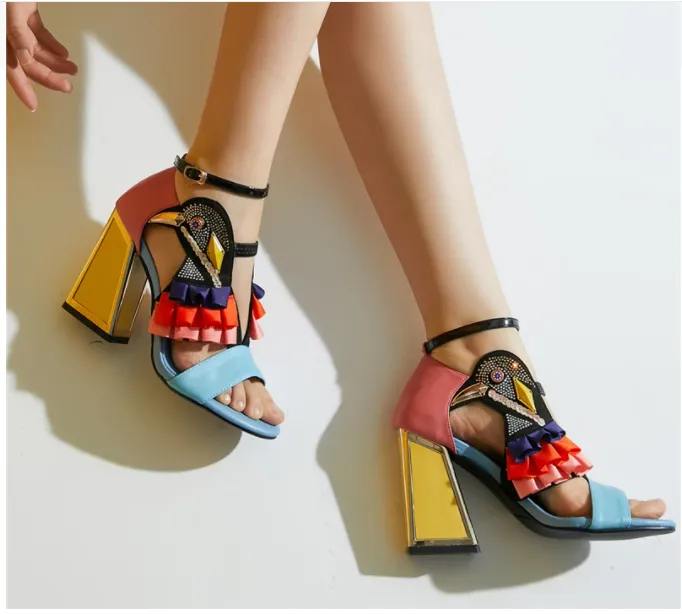 Summer Rhinestone Bird Ruffles Comfortable Chunky Heel Sandals