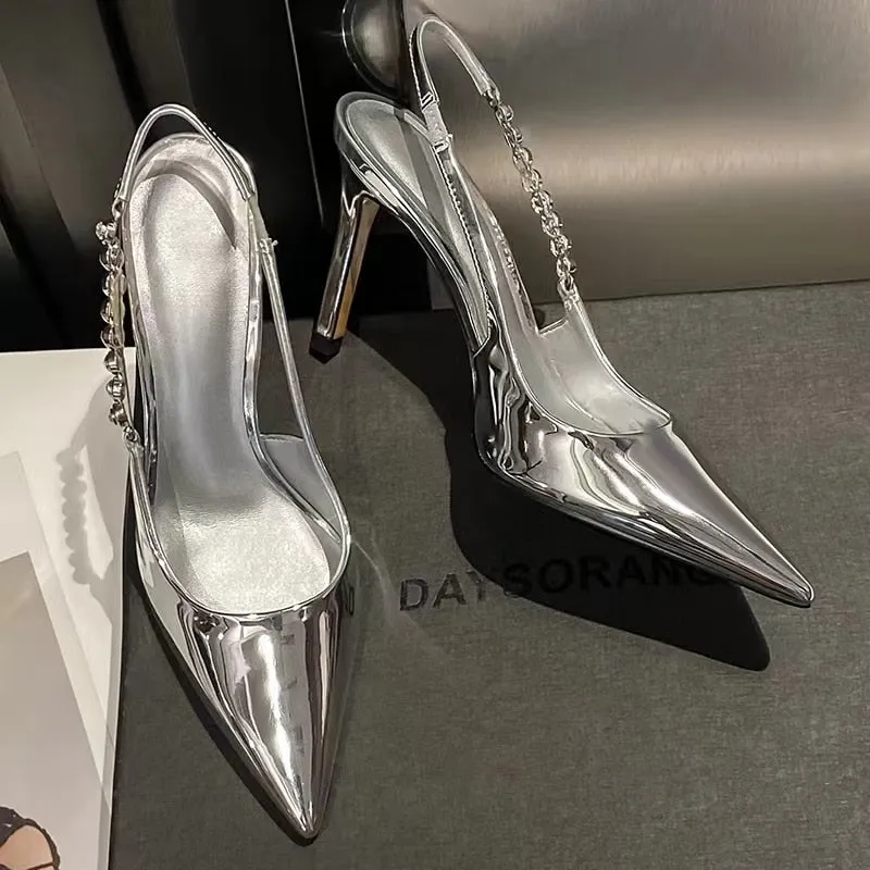 Women Shiny High Heels Slingback Silver Pumps Metallic Crystal Sandals Party Dress Shoes - WSHP50053